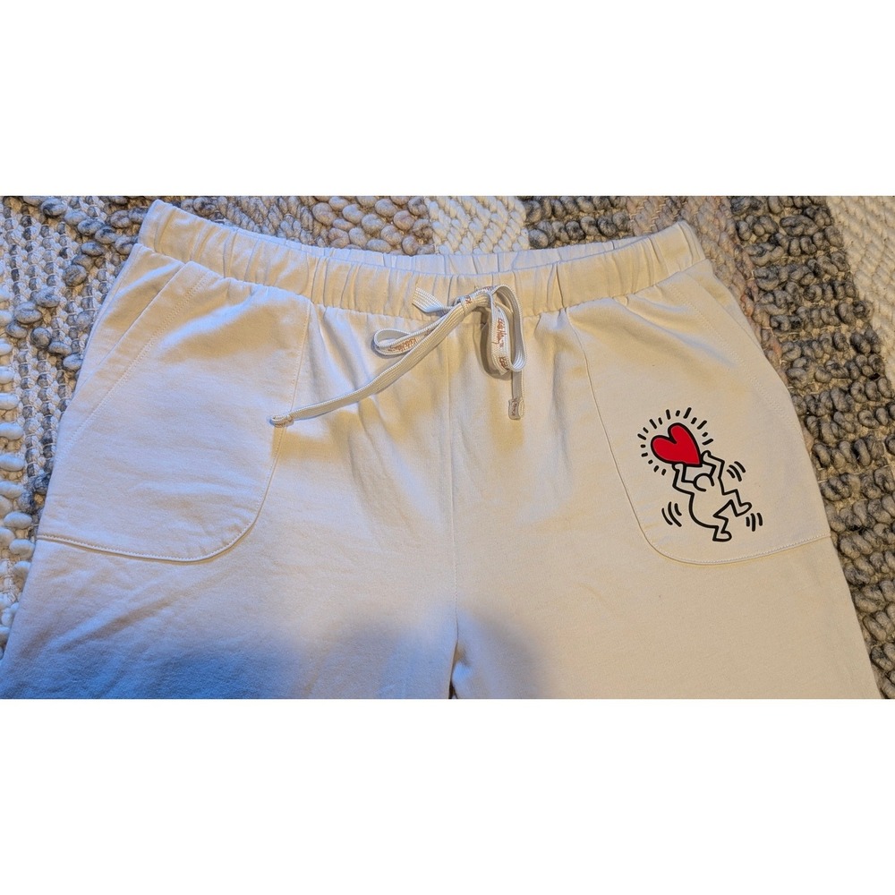 Keith Haring Graphic Joggers Cream Fleece Sweatpants Womens M retro streetwear - Picture 2 of 8